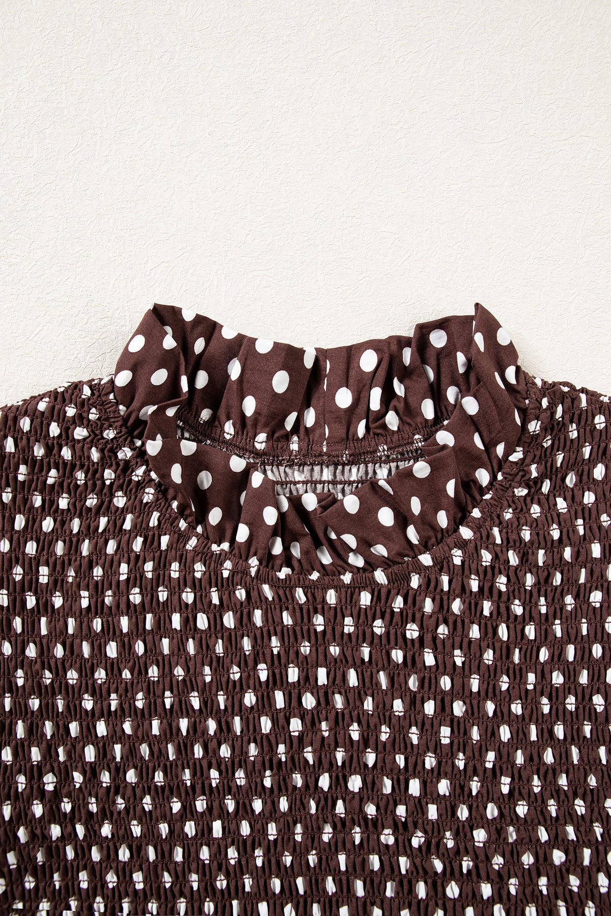 Brown Polka Dot Ruffled High Neck Shirred Ruffle Hem Blouse Online Only