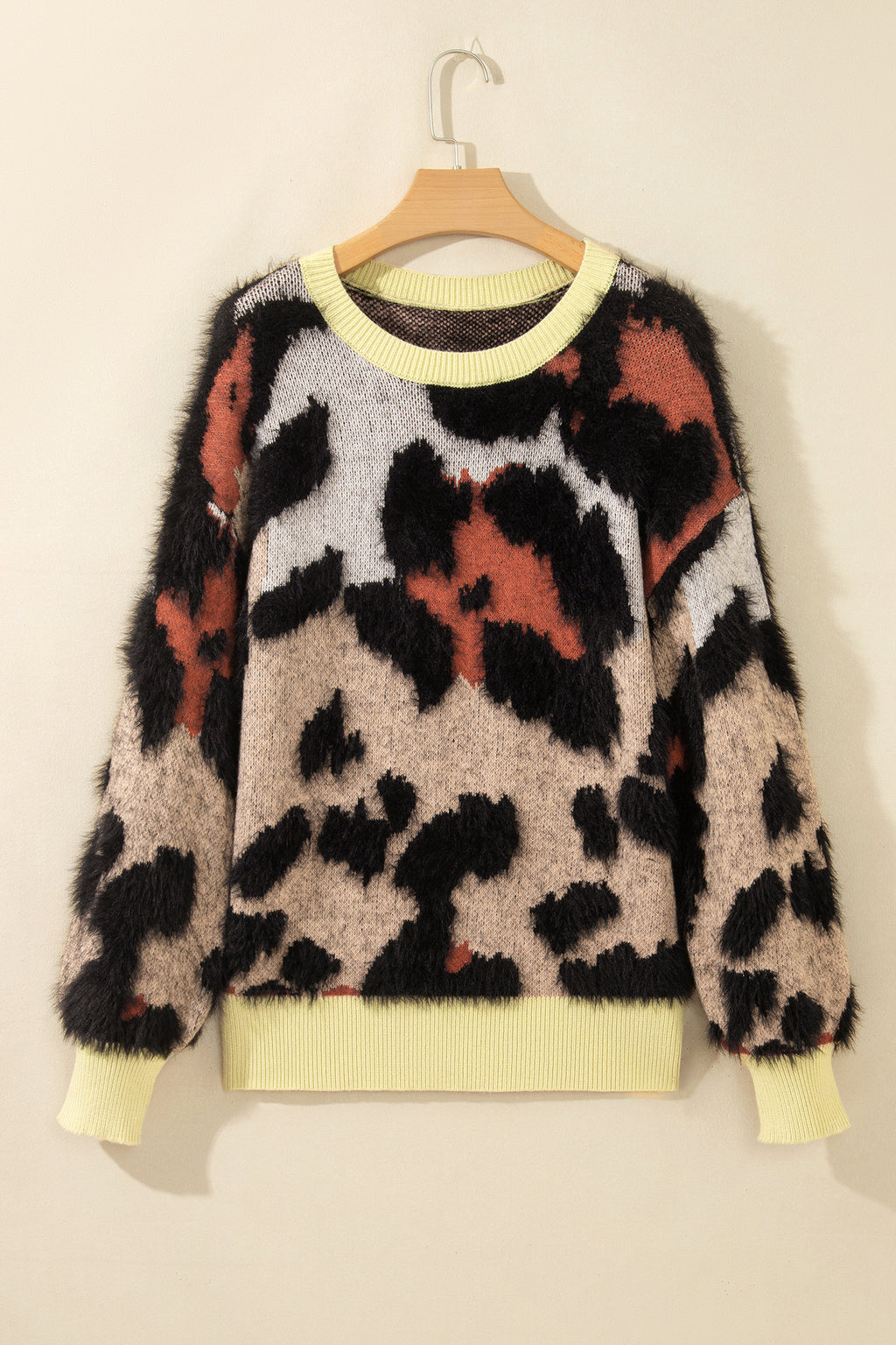 Khaki Leopard Print Drop Shoulder Long Sleeve Round Neck Sweater Online Only