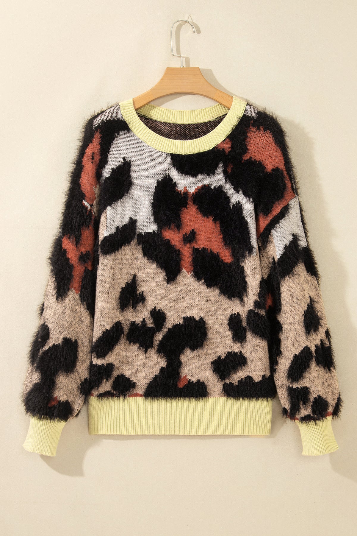 Khaki Leopard Print Drop Shoulder Long Sleeve Round Neck Sweater Online Only
