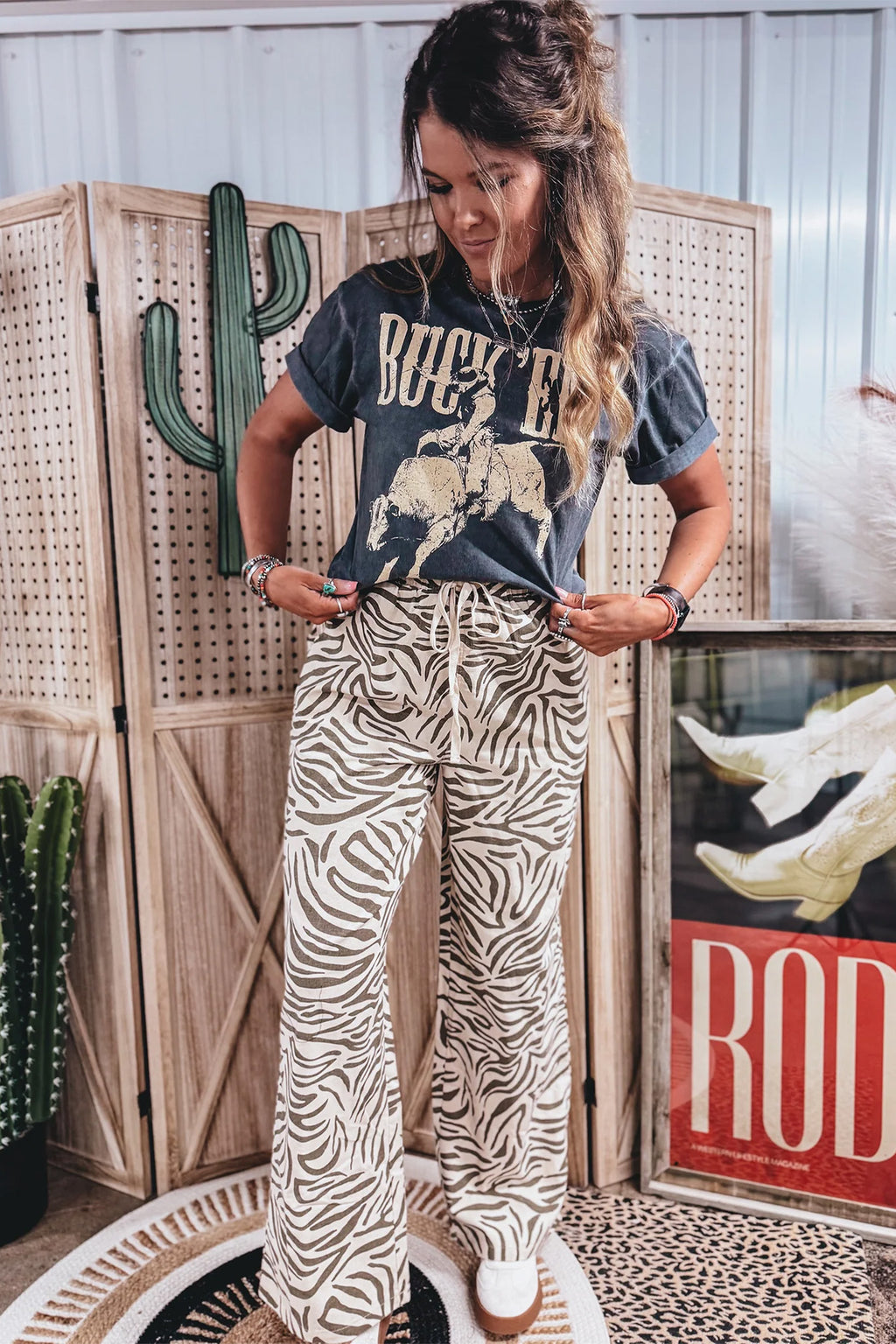Multicolour Western Print Zebra Pattern Elastic Waist Pocket Full-Length Pants Online Only