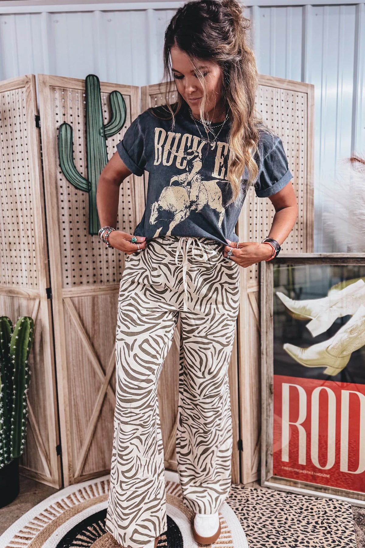 Multicolour Western Print Zebra Pattern Elastic Waist Pocket Full-Length Pants Online Only