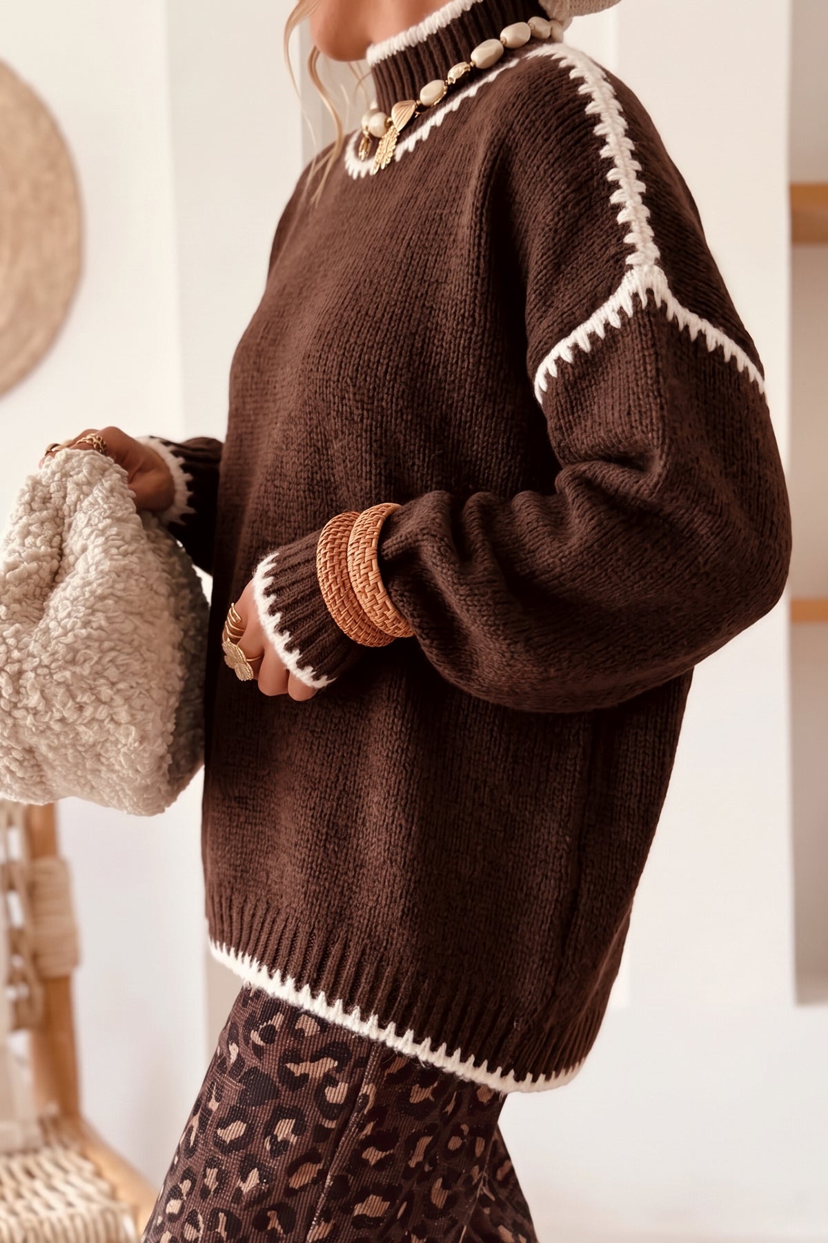 Coffee Contrast Trim Mock Neck Drop Shoulder Relaxed Sweater Online Only