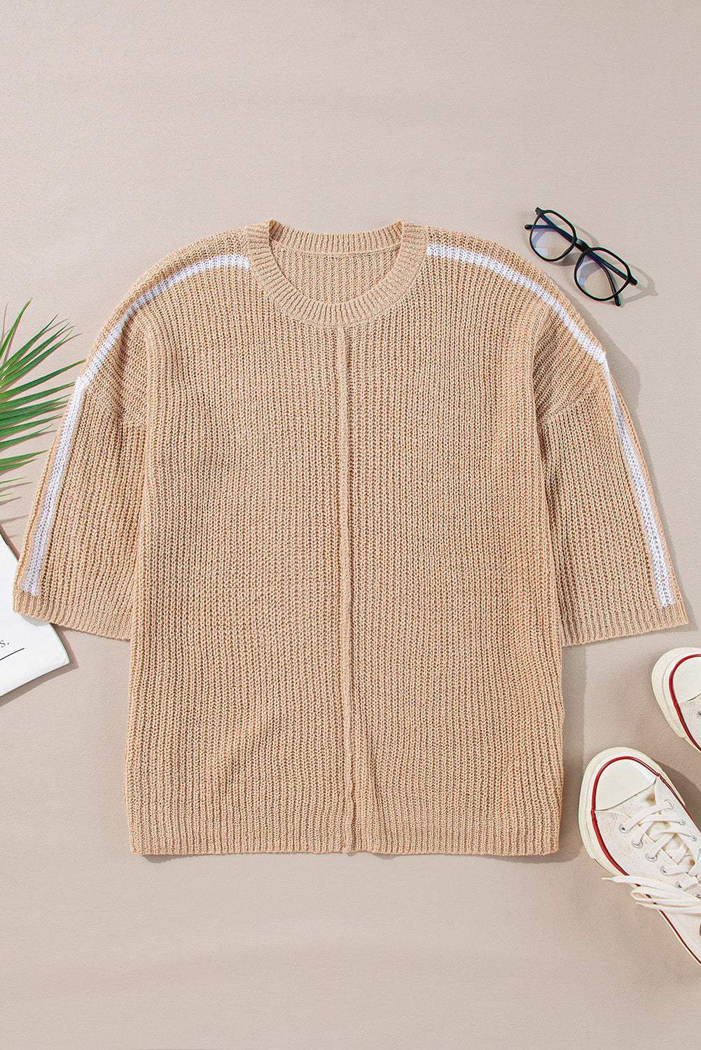 Light French Beige Contrast Striped 3/4 Sleeve Crew Neck Sweater Online Only