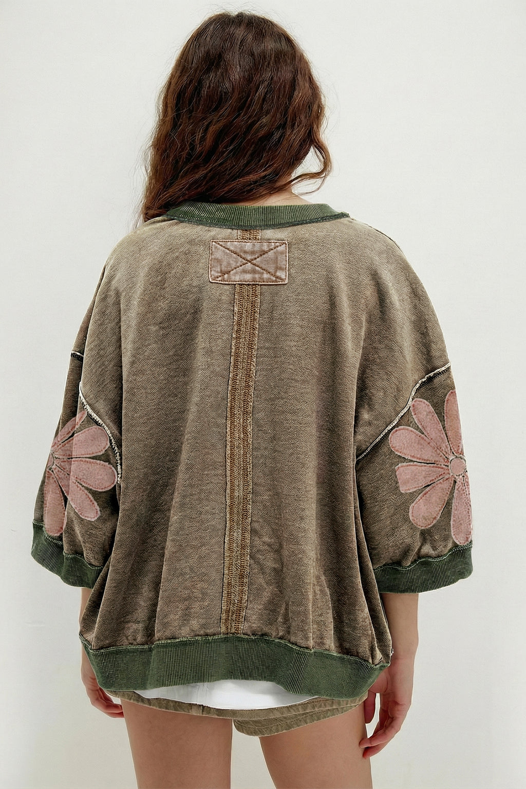 Breen Mineral Wash Raw Seam Patchwork Flower Patched 3/4 Sleeve Oversize Top Online Only