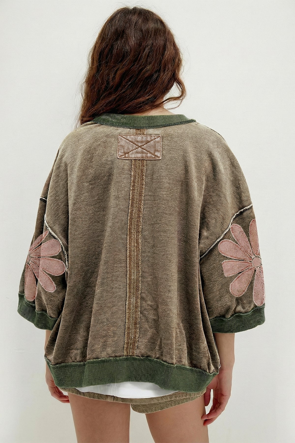Breen Mineral Wash Raw Seam Patchwork Flower Patched 3/4 Sleeve Oversize Top Online Only