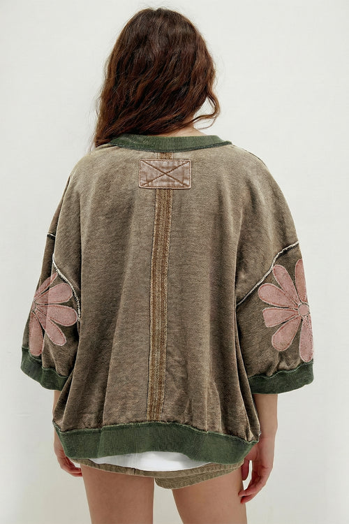 Breen Mineral Wash Raw Seam Patchwork Flower Patched 3/4 Sleeve Oversize Top Online Only