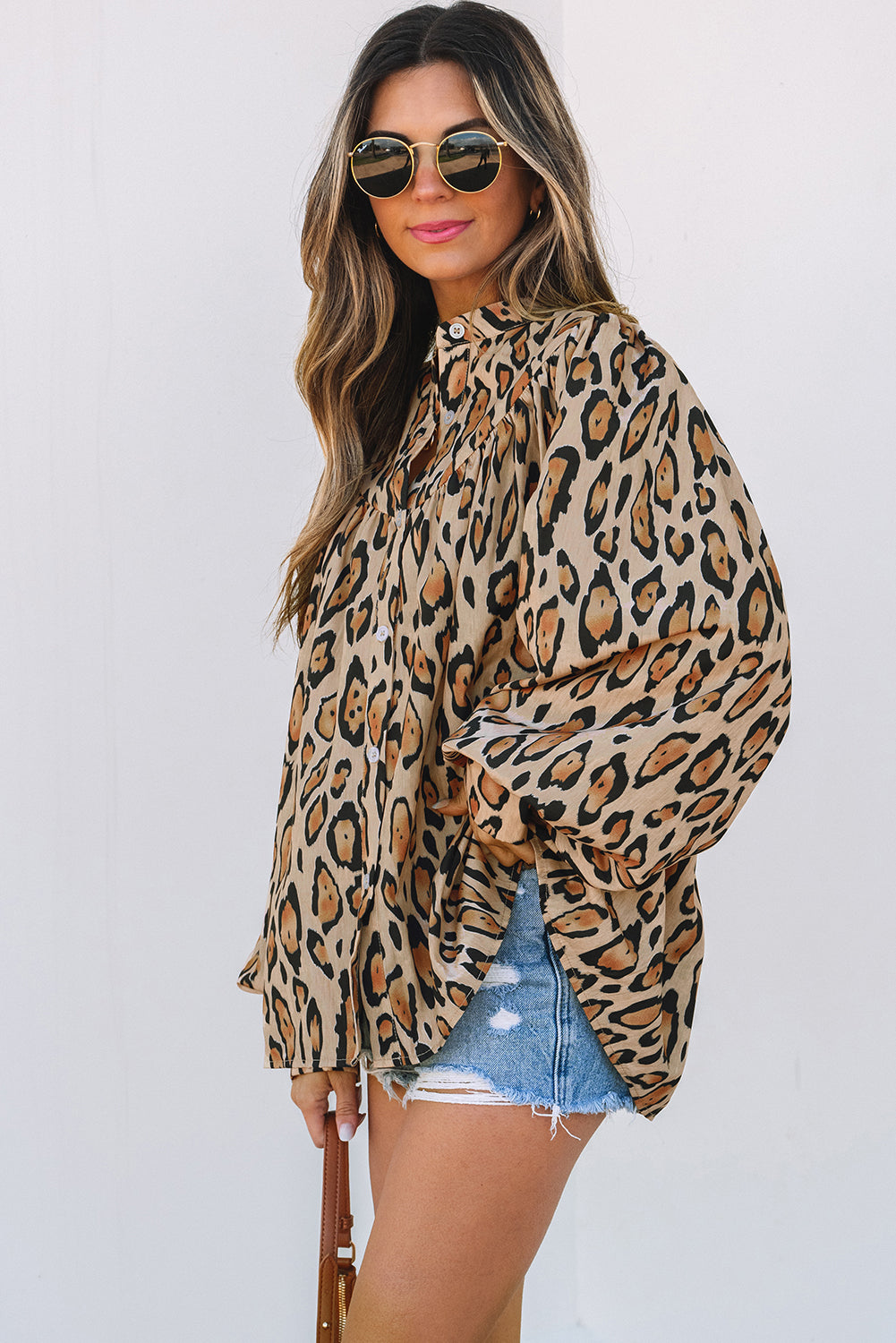 Jet Stream Oversized Leopard Print Balloon Sleeve Casual Shirt Online Only