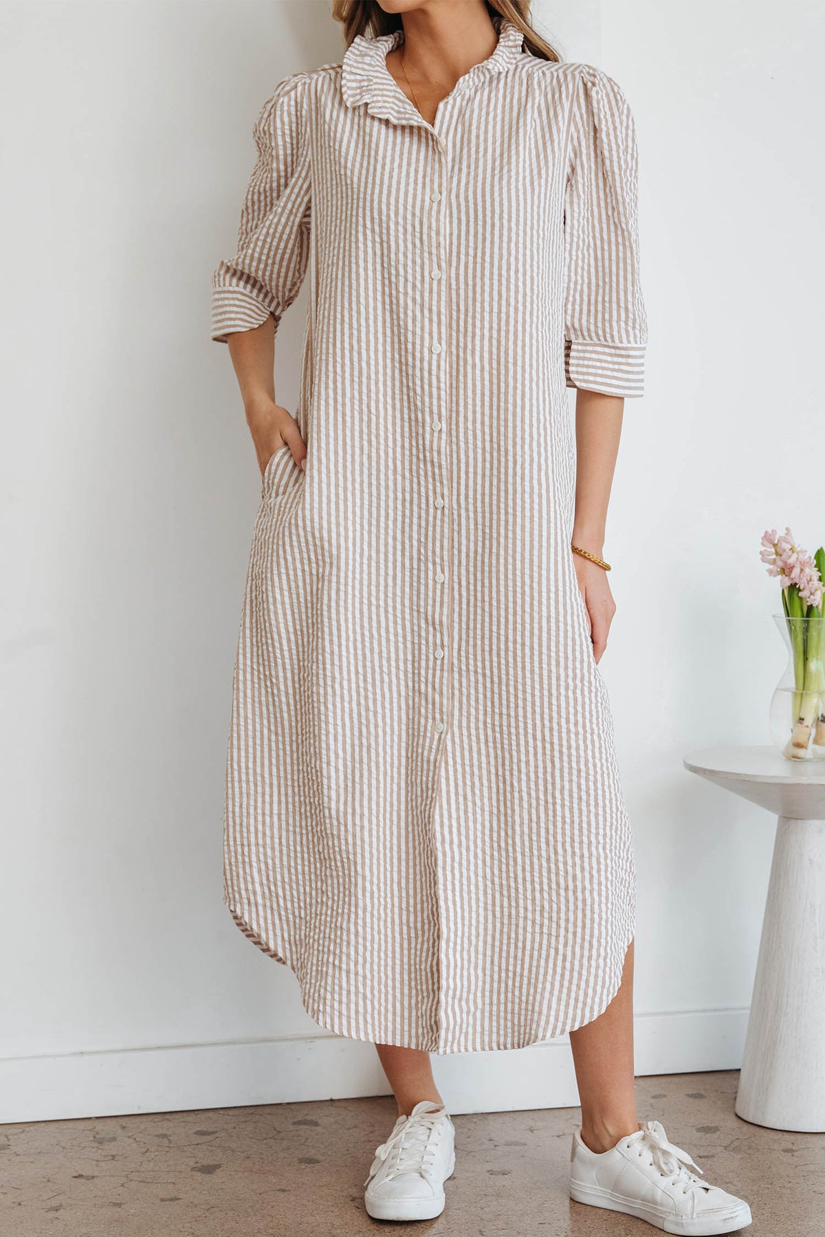 Khaki Stripe Frilled Collar Half Sleeve Shirt Maxi Dress Online Only