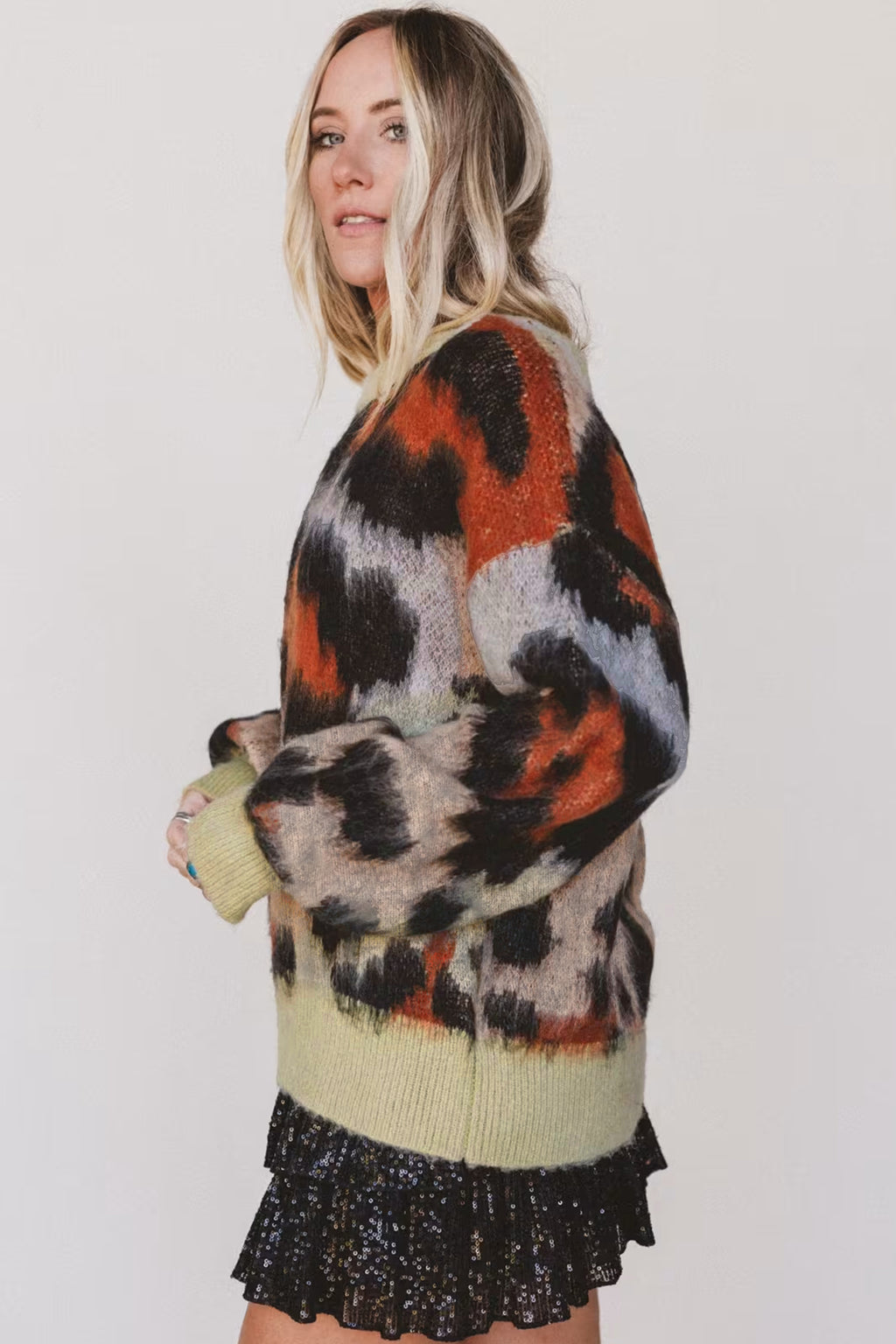 Khaki Leopard Print Drop Shoulder Long Sleeve Round Neck Sweater Online Only