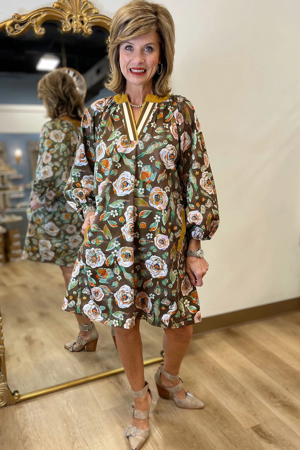 Brown Floral Print Contrast Trim V Neck Pocketed Long Sleeve Mini Dress Online Only