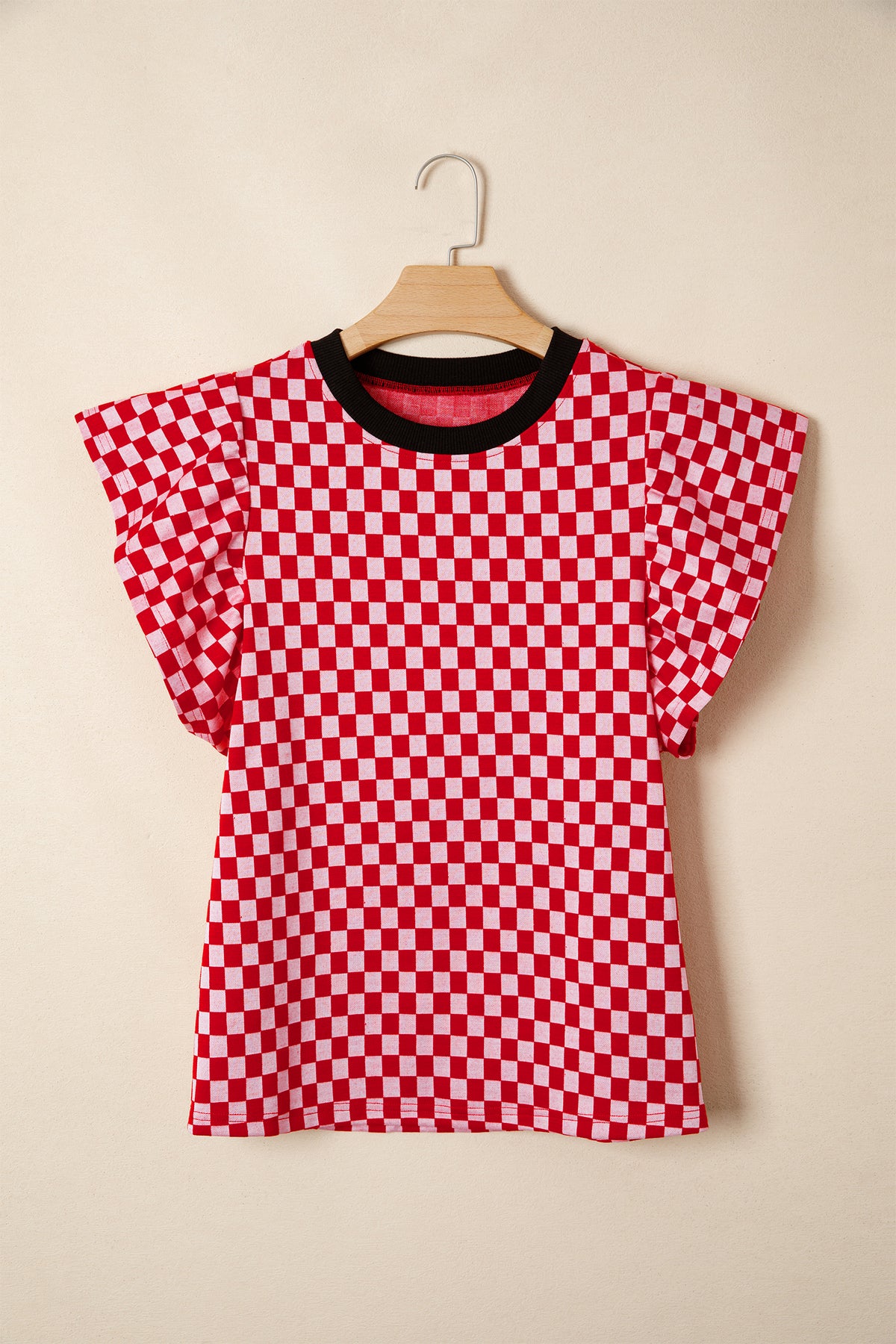Red Checkered Print Ruffle Short Sleeve Contrast Trim Round Neck Top Online Only