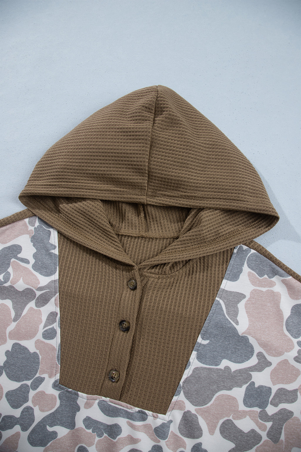 Khaki Camouflage Print Waffle Knit Patchwork Half Zip Plus Size Hoodie Online Only