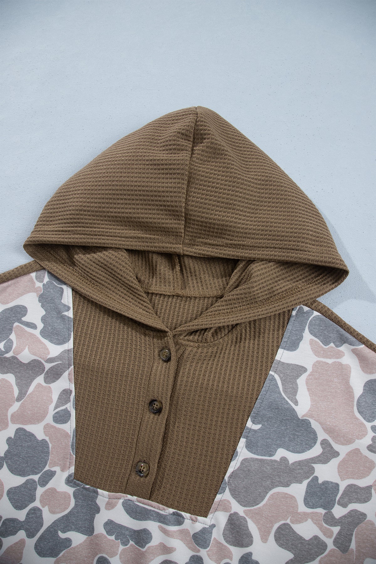 Khaki Camouflage Print Waffle Knit Patchwork Half Zip Plus Size Hoodie Online Only
