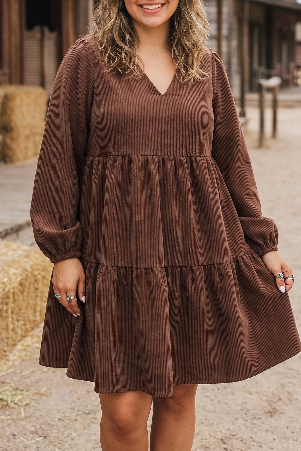 Coffee Winter Corduroy V Neck Long Sleeve Plus Size Mini Dress Online Only