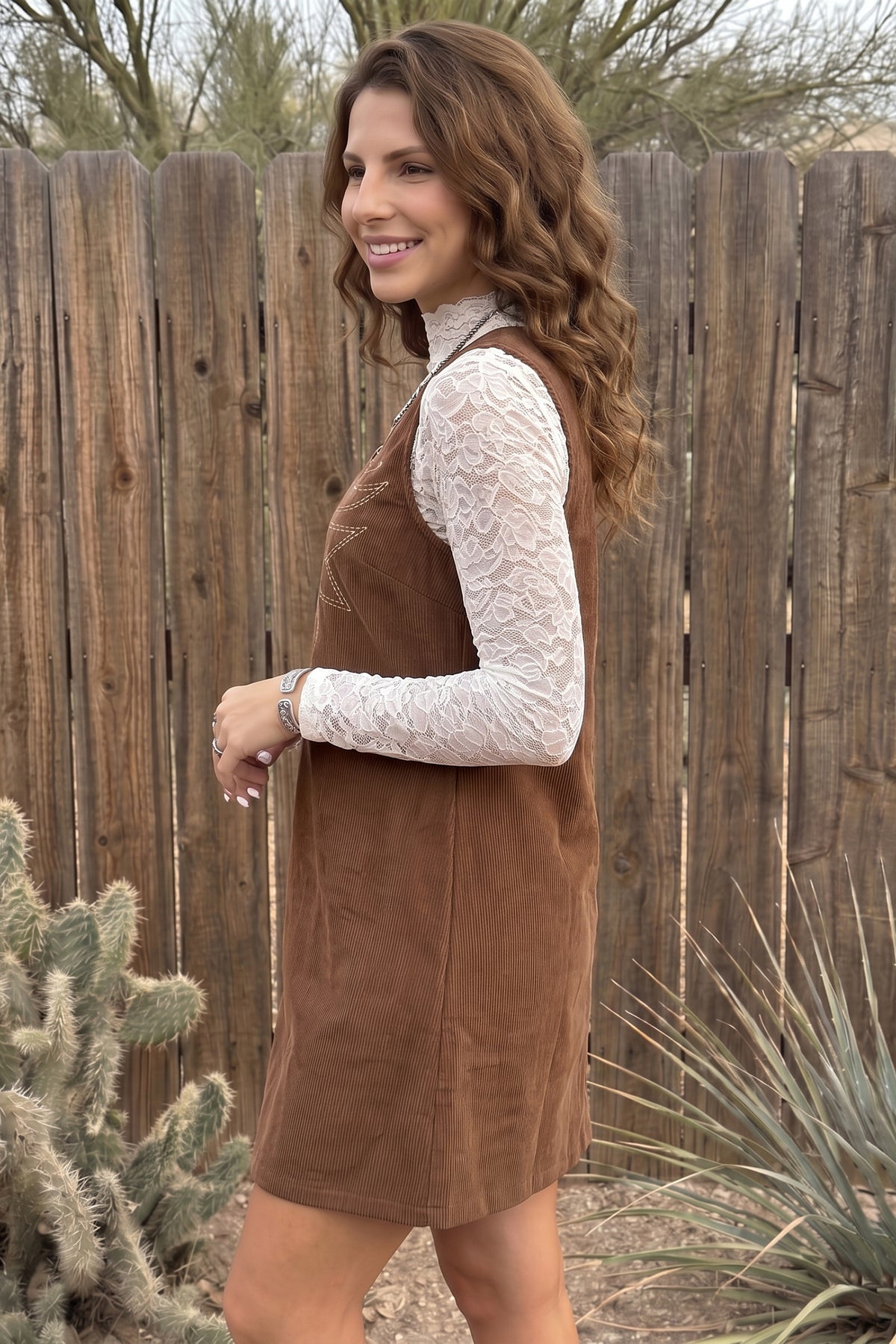 Coffee Geometric Embroidery Sleeveless Corduroy Shift Dress Online Only