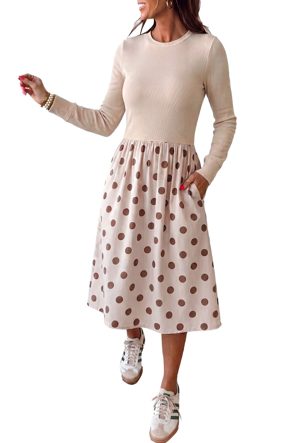 Beige Polka Dot Midi Long Sleeve Dress Online Only