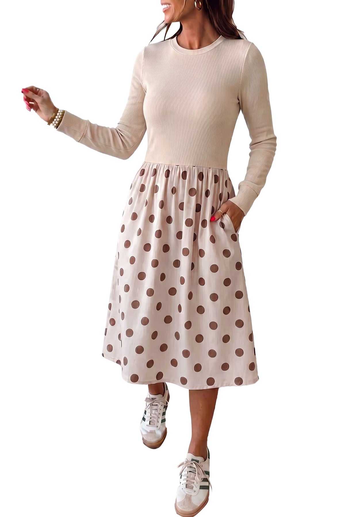 Beige Polka Dot Midi Long Sleeve Dress Online Only