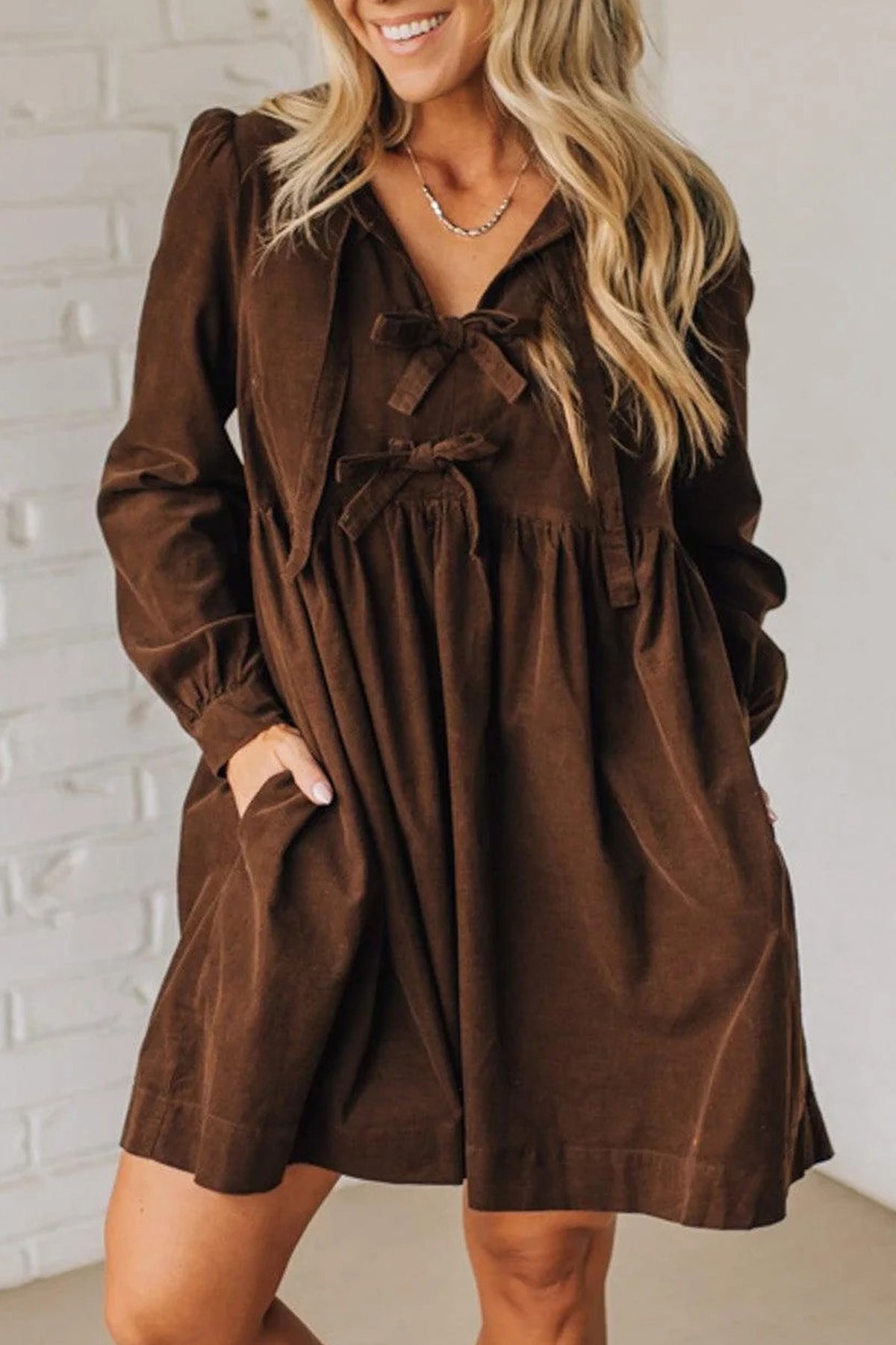 Coffee Bow Knot Front Long Sleeve Corduroy Mini Dress Online Only