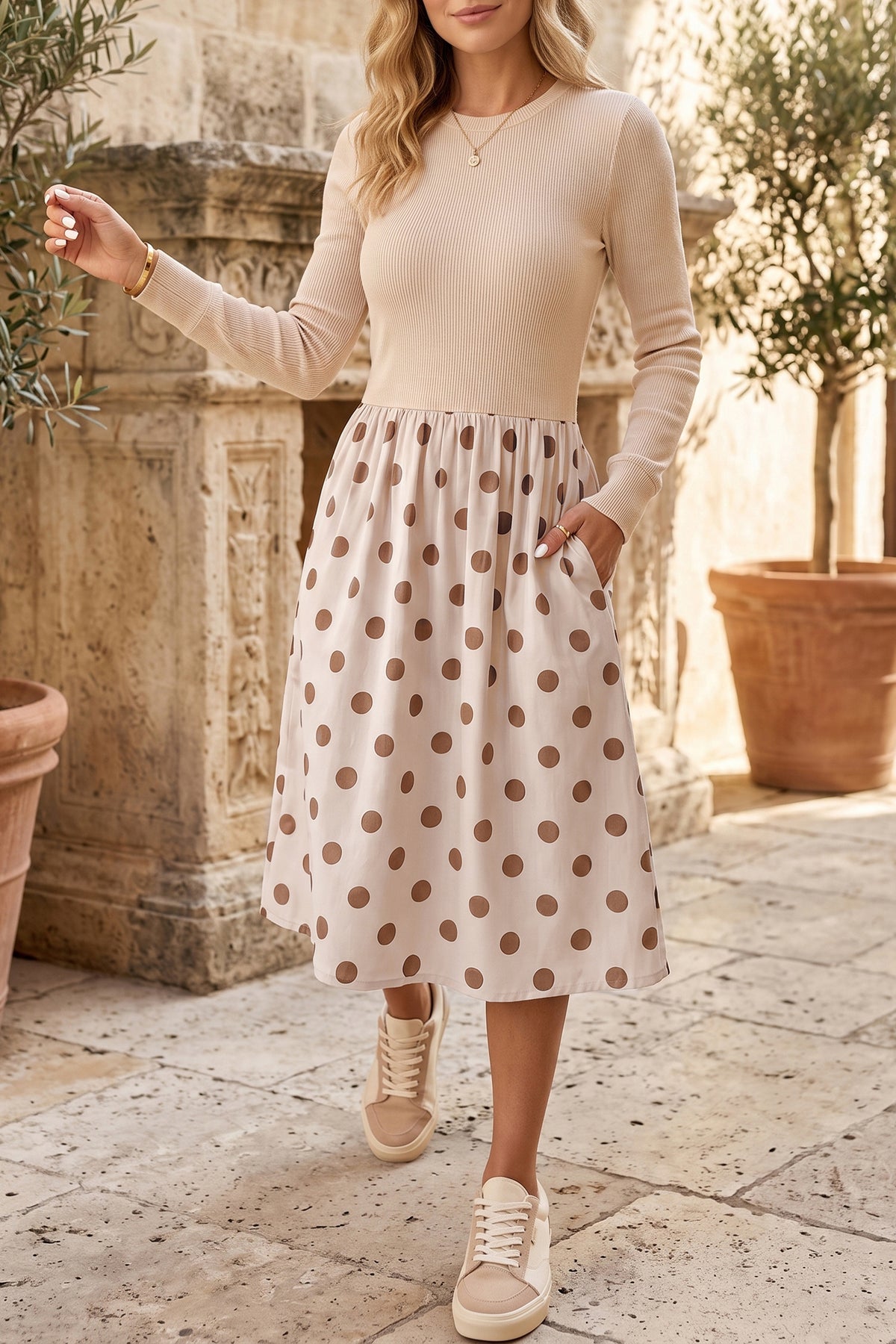 Beige Polka Dot Midi Long Sleeve Dress Online Only