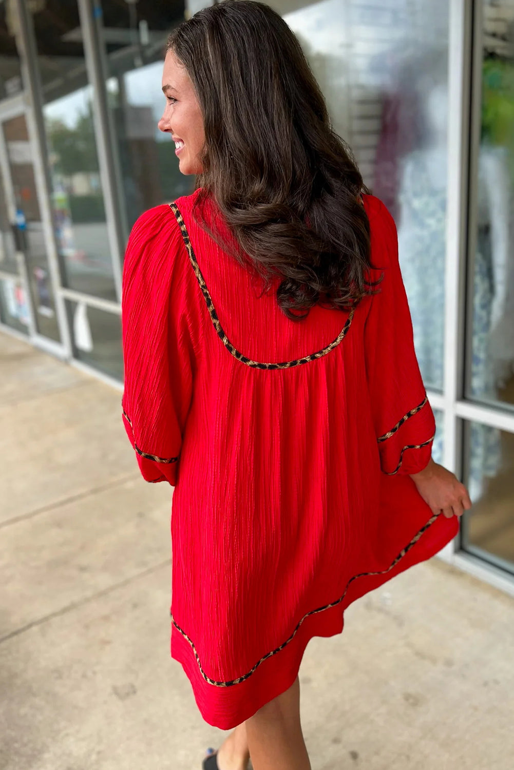 Fiery Red Textured V Neck Leopard Contrasted Trim Long Sleeve Shift Mini Dress Online Only