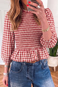 Red, Brown, & Green 3/4 Sleeve Shirred Plaid Peplum Top Online Only