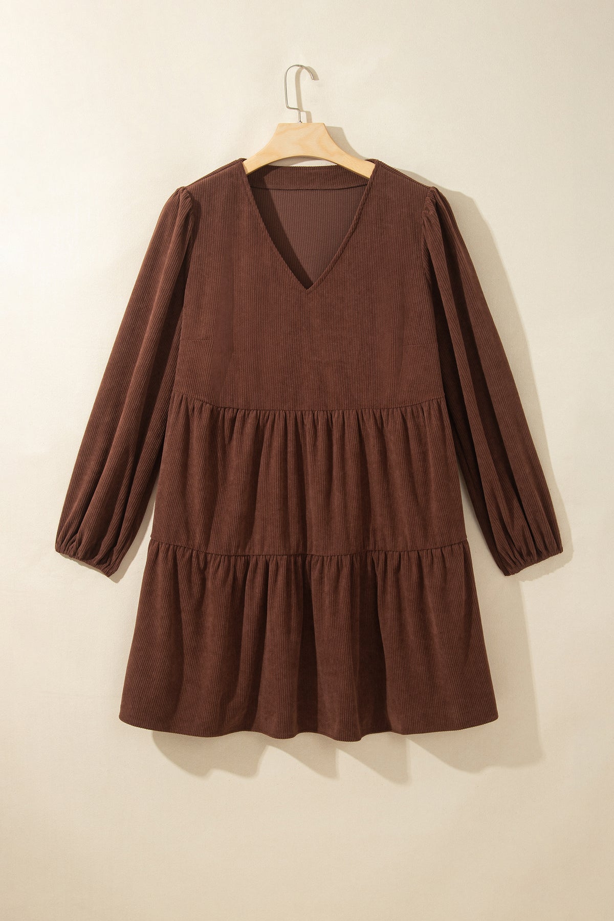 Coffee Winter Corduroy V Neck Long Sleeve Plus Size Mini Dress Online Only