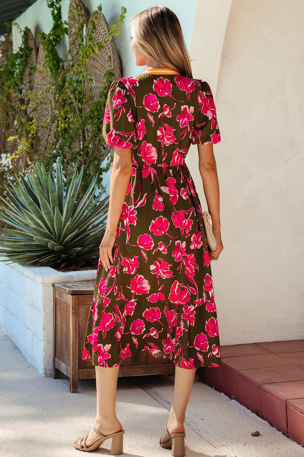 Green Floral Print Striped Trim Split Neck Short Puff Sleeve Ruffle Hem Maxi Dress Online Only