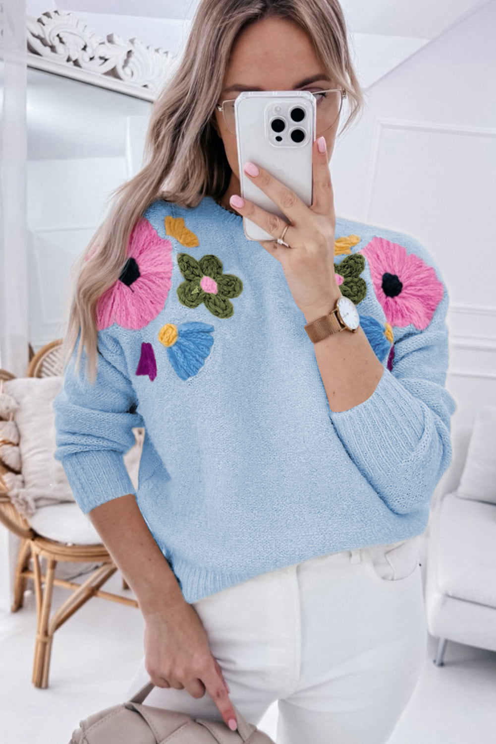 Light Blue Knitted Flower Pattern Ribbed Edge Sweater Online Only