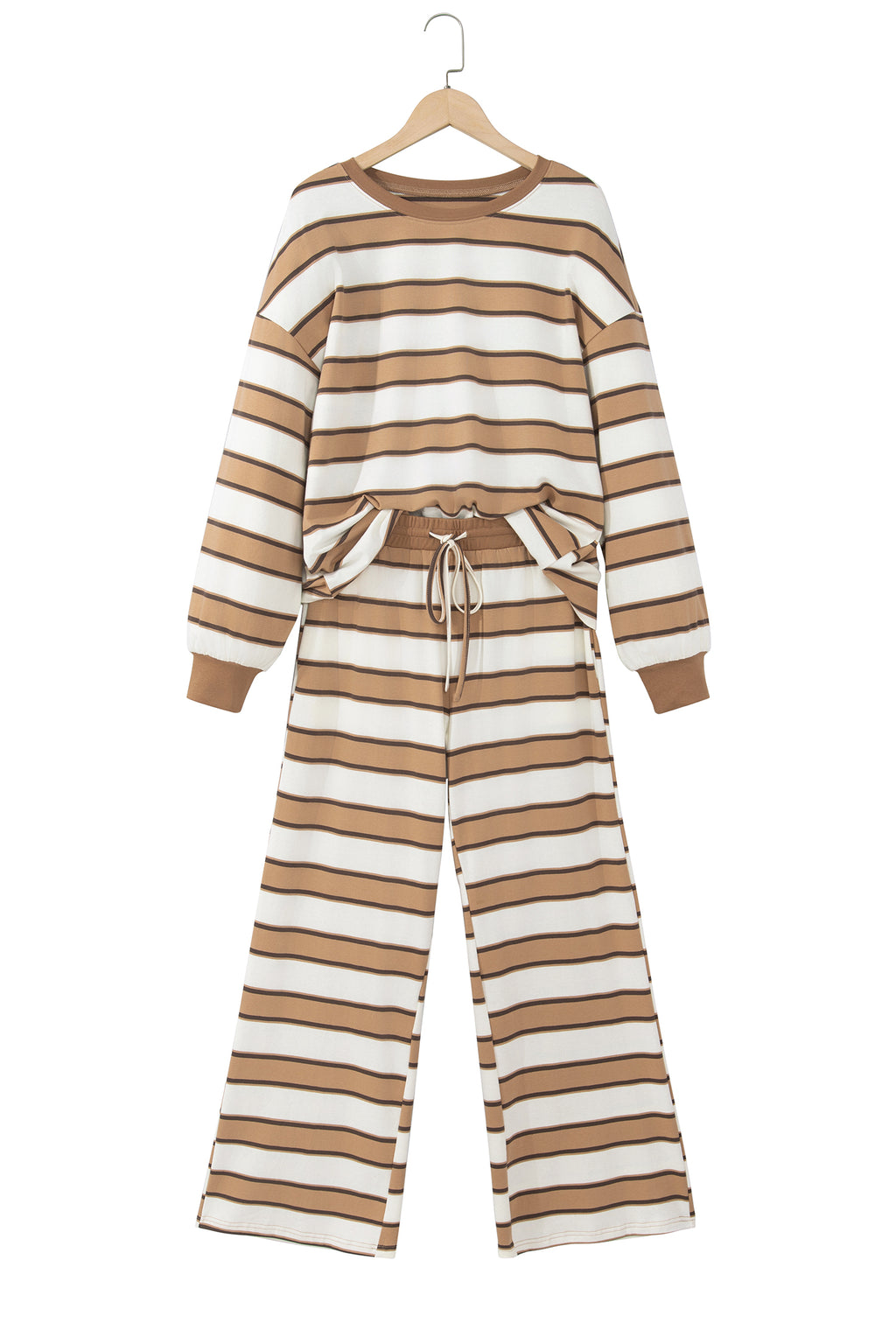 Khaki Stripe Contrast Trim Patchwork Casual Two-Piece Pants Set Online Only