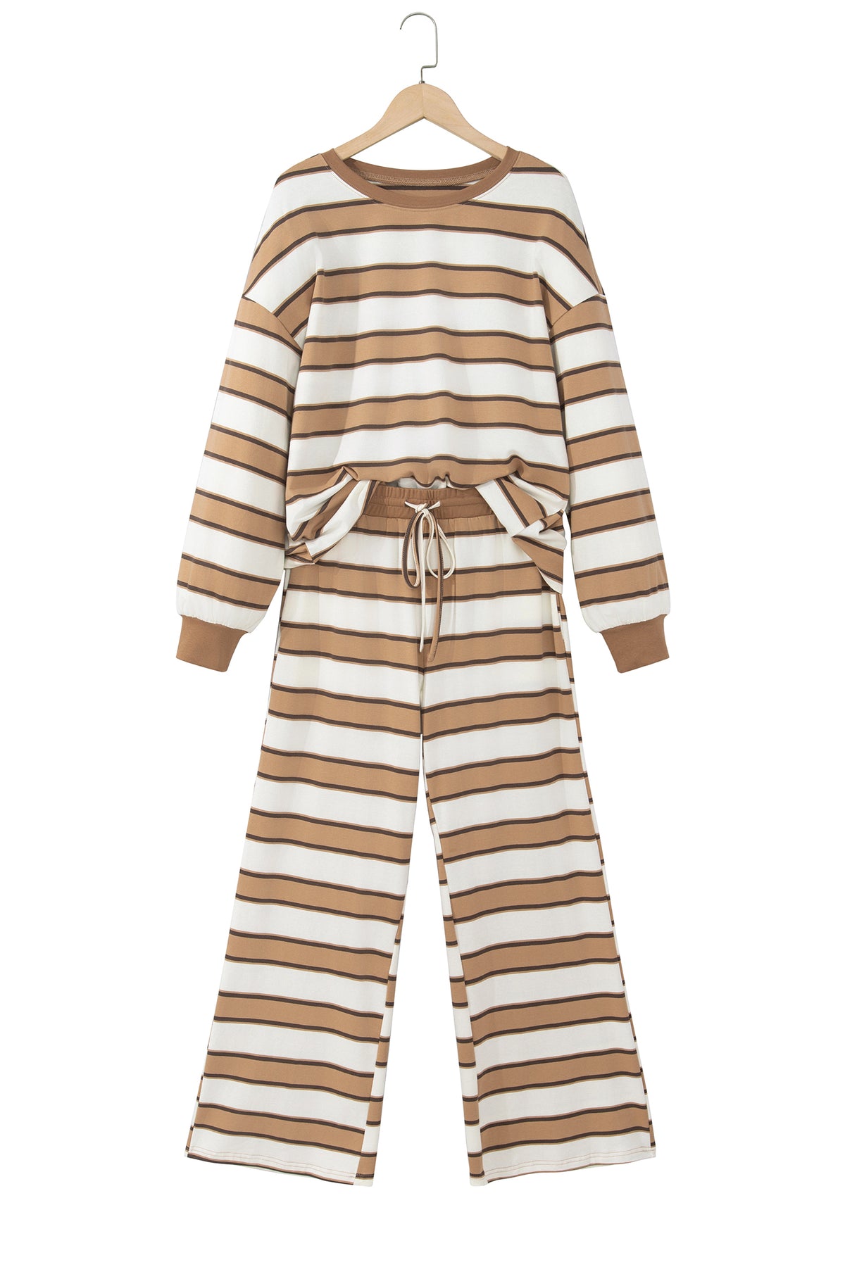 Khaki Stripe Contrast Trim Patchwork Casual Two-Piece Pants Set Online Only