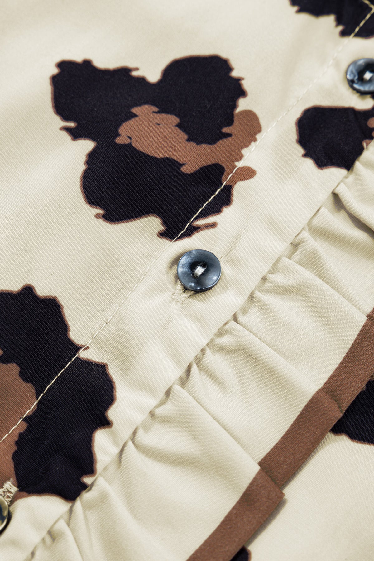 Khaki Plus Size Leopard Print Frilled Color Block Trim Button Down Short Sleeve Blouse Online Only
