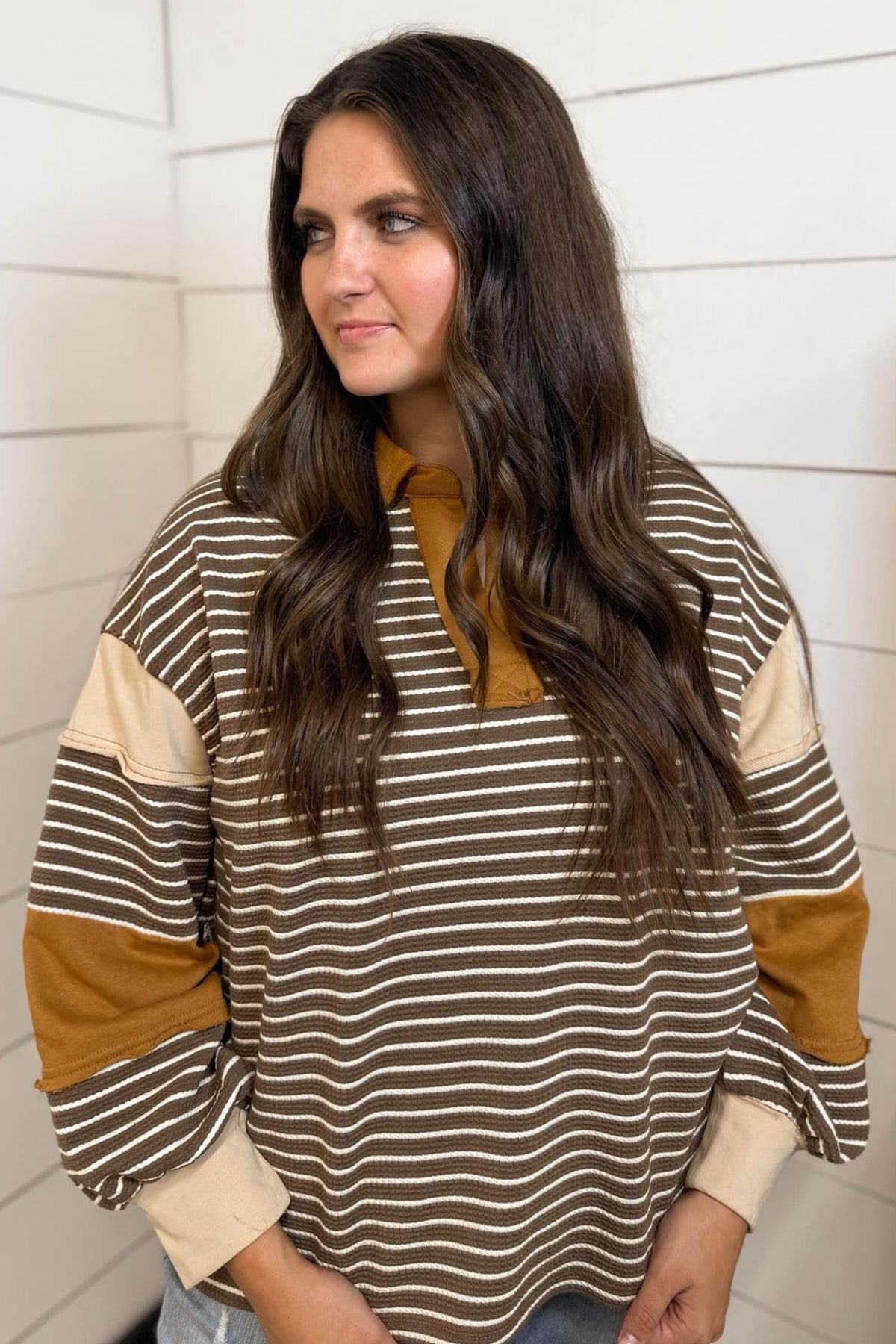 Brown Stripe Colorblock Detail Collar V Neck Plus Size Long Sleeve Top Online Only