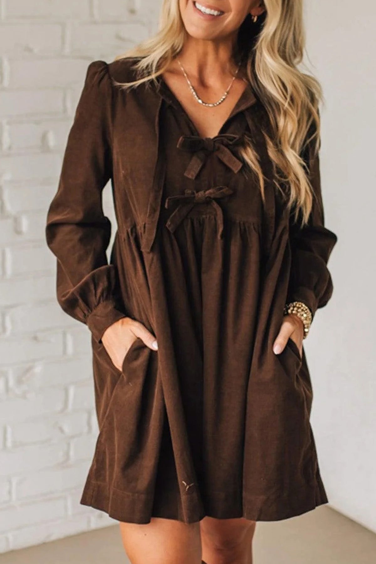Coffee Bow Knot Front Long Sleeve Corduroy Mini Dress Online Only