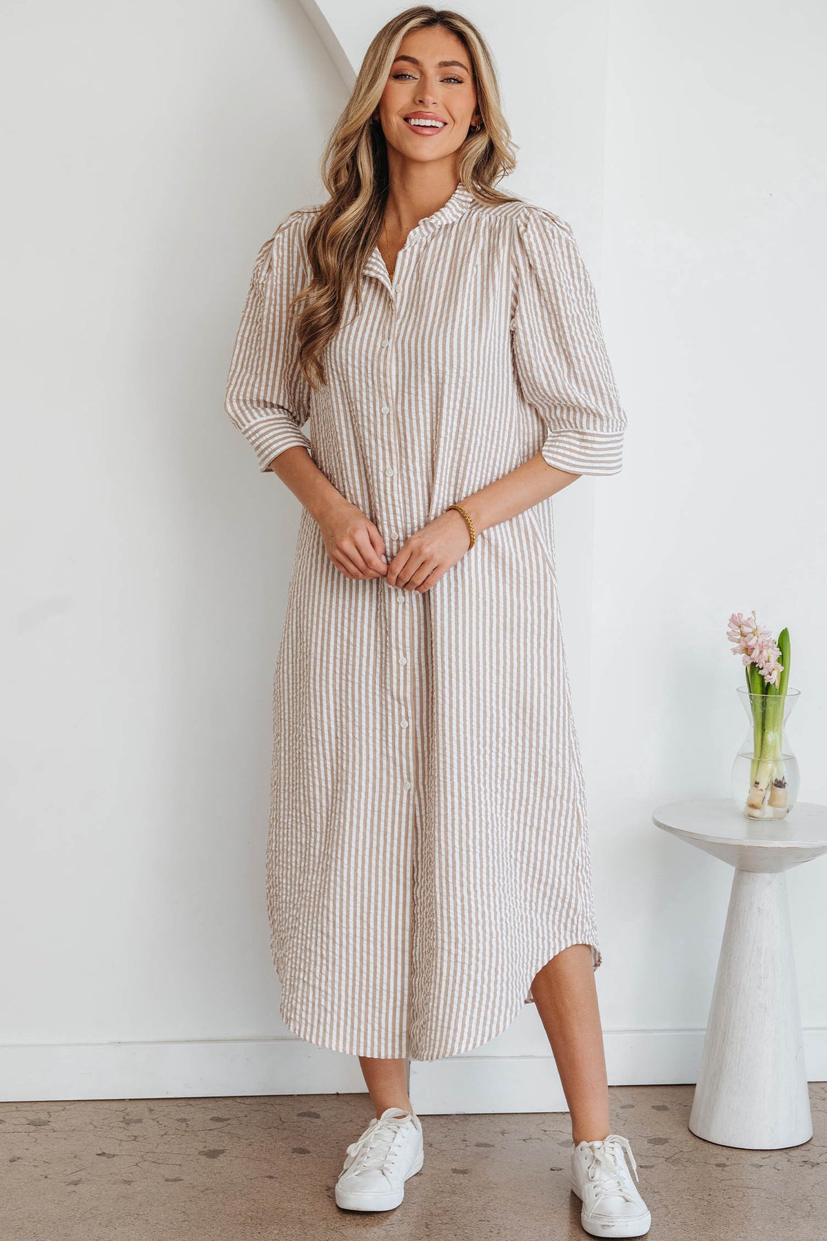Khaki Stripe Frilled Collar Half Sleeve Shirt Maxi Dress Online Only