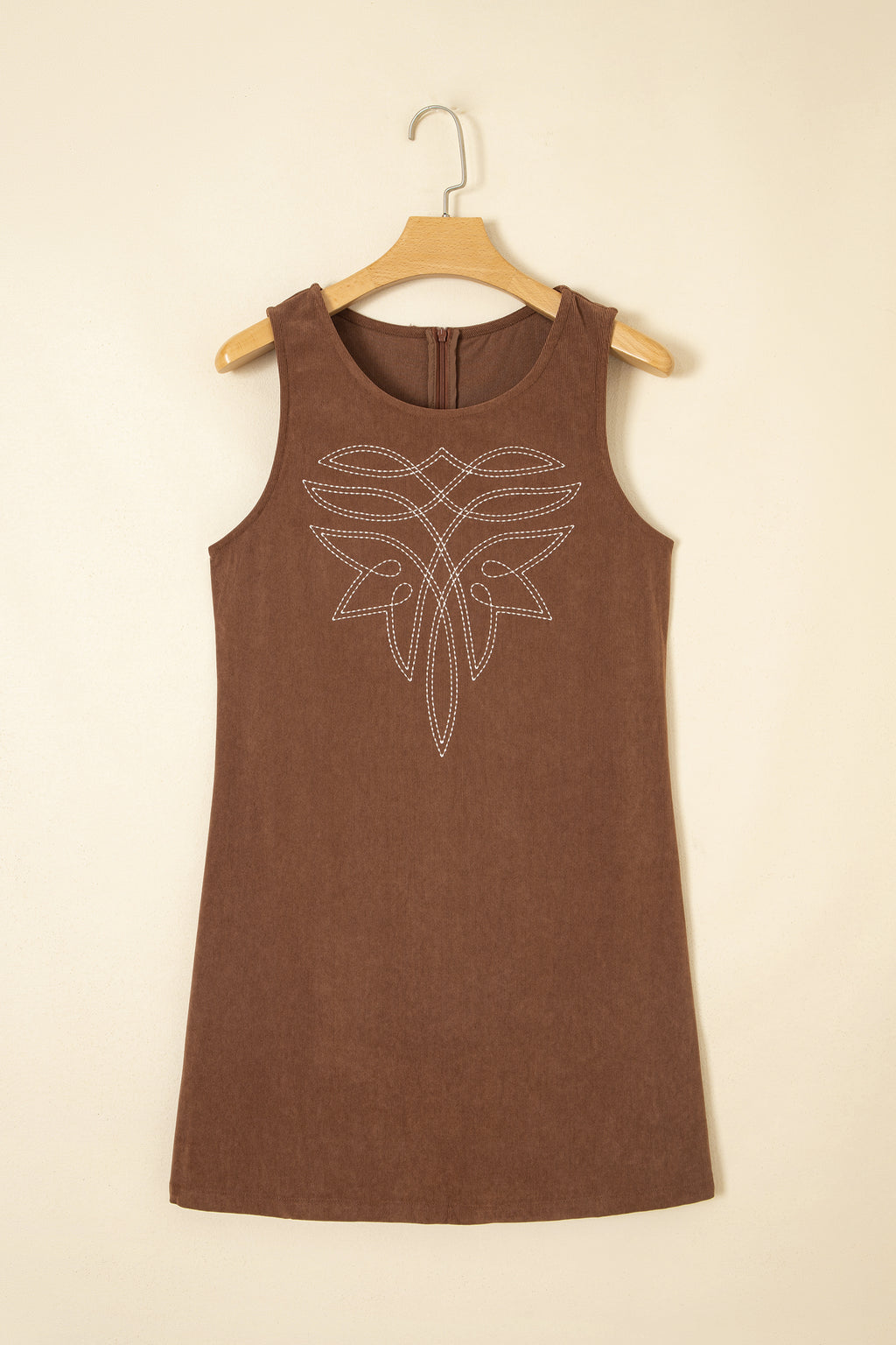 Coffee Geometric Embroidery Sleeveless Corduroy Shift Dress Online Only
