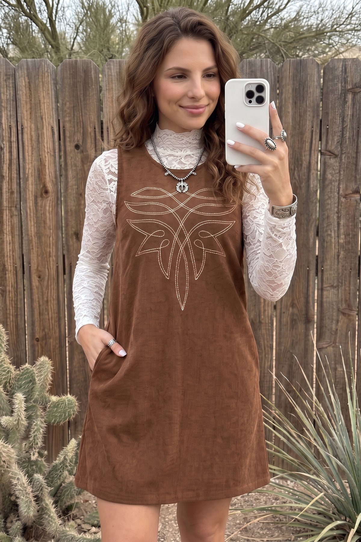 Coffee Geometric Embroidery Sleeveless Corduroy Shift Dress Online Only