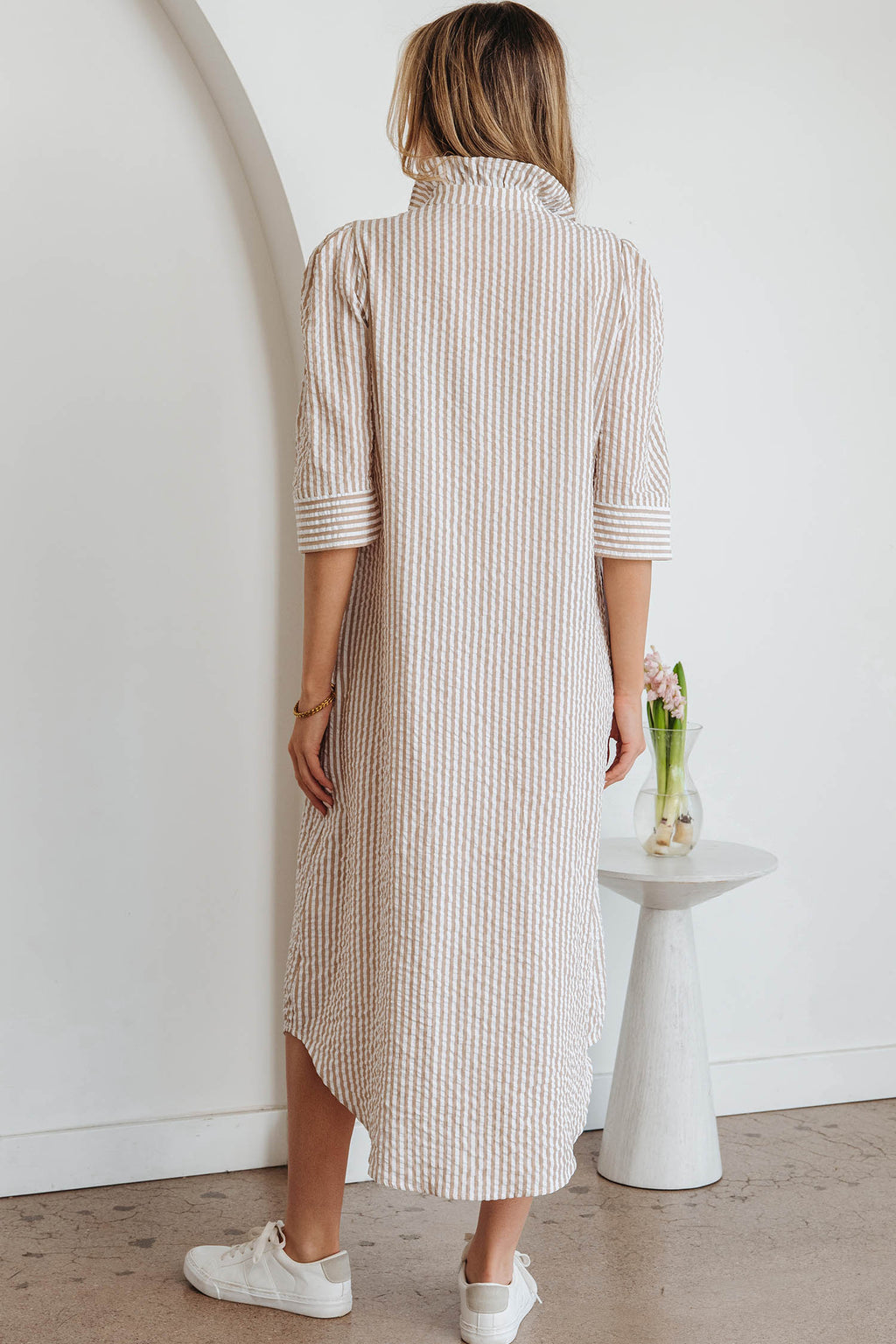 Khaki Stripe Frilled Collar Half Sleeve Shirt Maxi Dress Online Only
