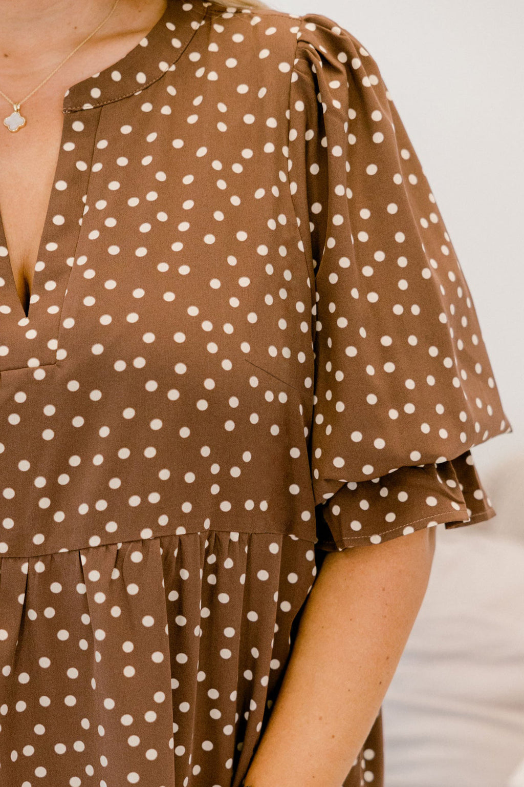 Brown V Neck Polka Dot Long Sleeve Shift Plus Size Dress Online Only