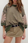 Breen Mineral Wash Raw Seam Patchwork Flower Patched 3/4 Sleeve Oversize Top Online Only