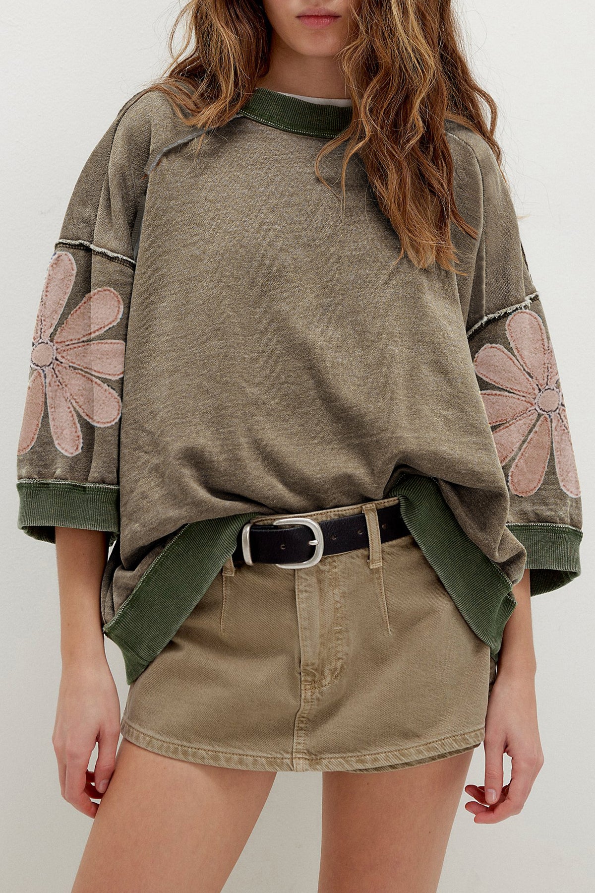 Breen Mineral Wash Raw Seam Patchwork Flower Patched 3/4 Sleeve Oversize Top Online Only