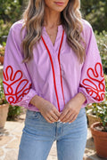 Orchid Bouquet Contrast Detail Long Sleeve Decorative Neckline Cotton Blouse Online Only