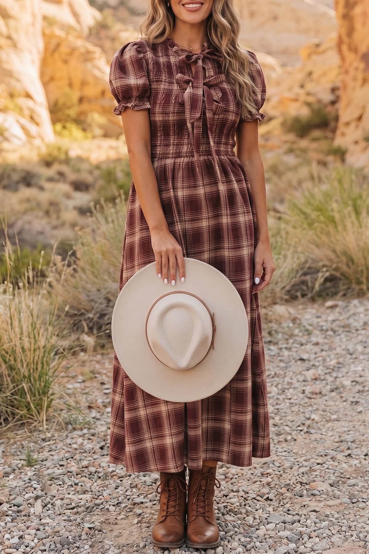 Red Vintage Plaid Knot Front Smocked High Waist Midi Dress- Online Only