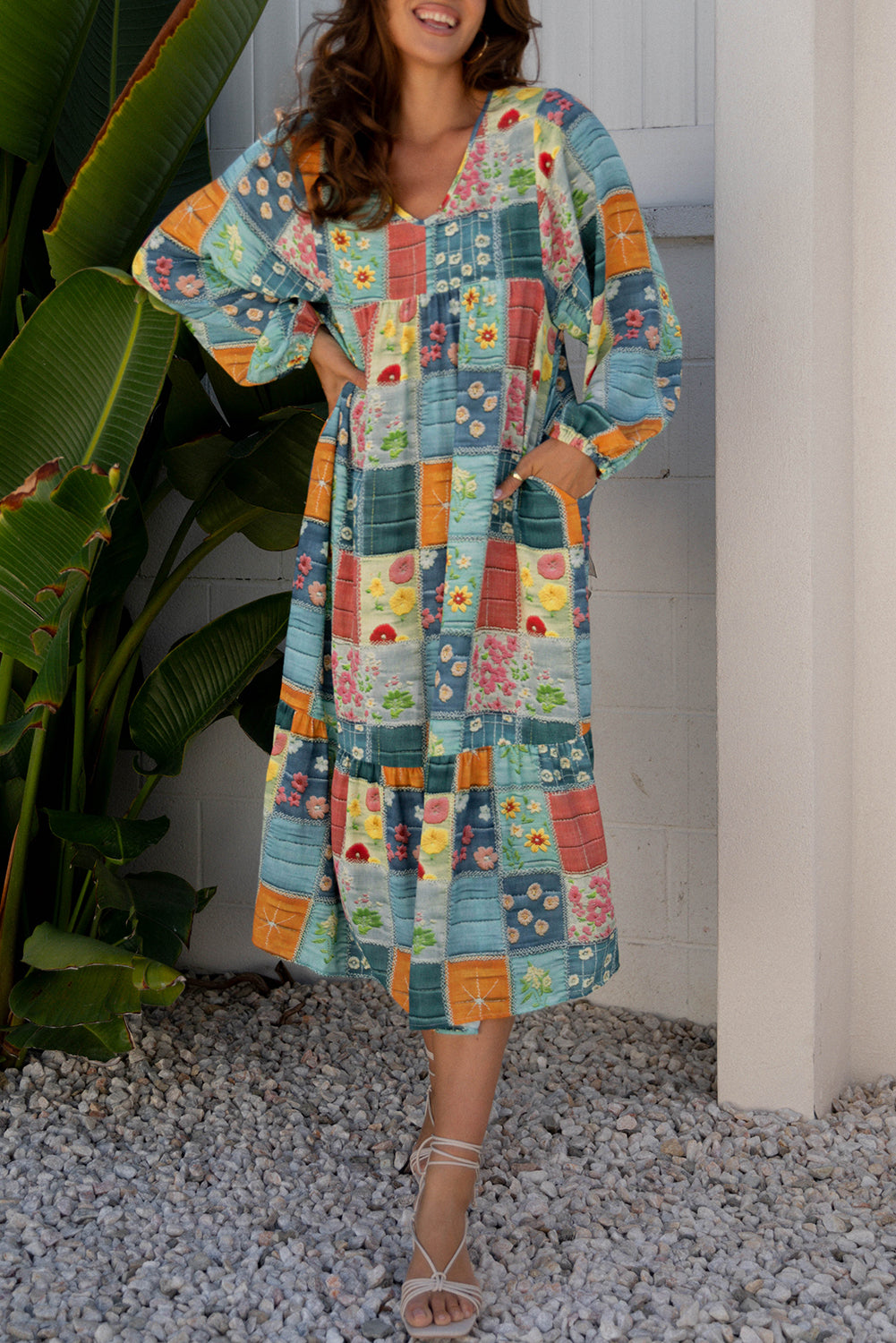 Sky Blue Mix Floral Checkered Pattern Bubble Sleeve Ruffle Hem Dress Online Only