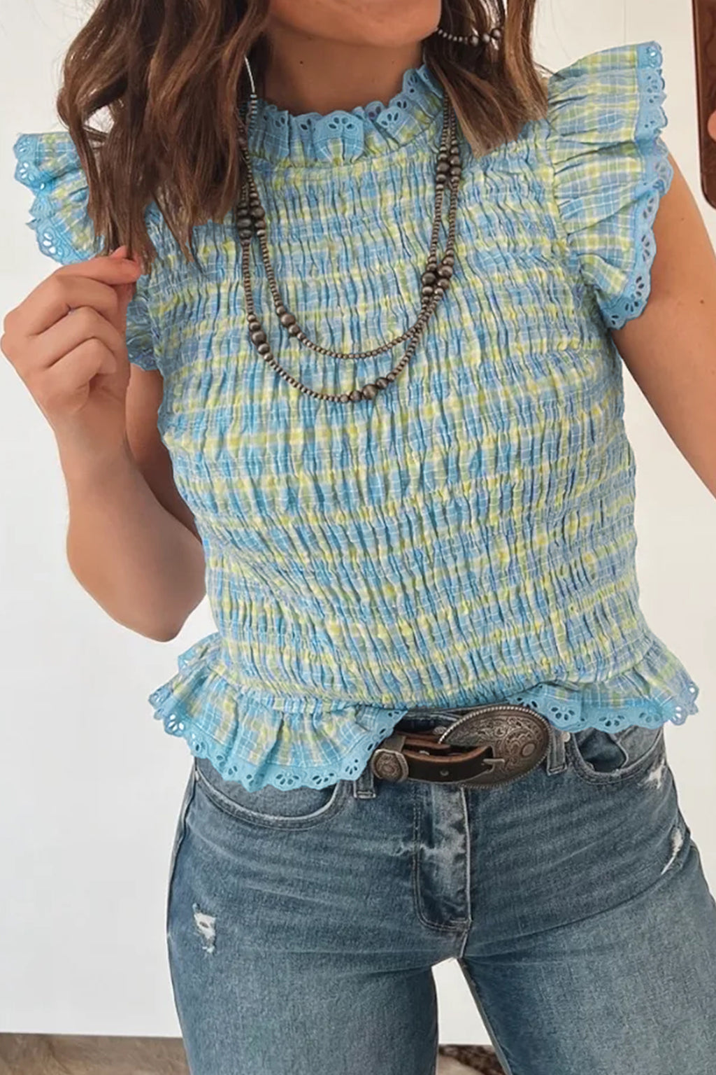 Multicolour Gingham Smoked Lace Trim Tank Top Online Only