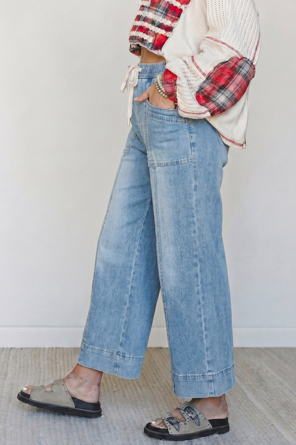 Beau Blue Drawstring Waist Wide Leg Ankle Length Jeans Online Only