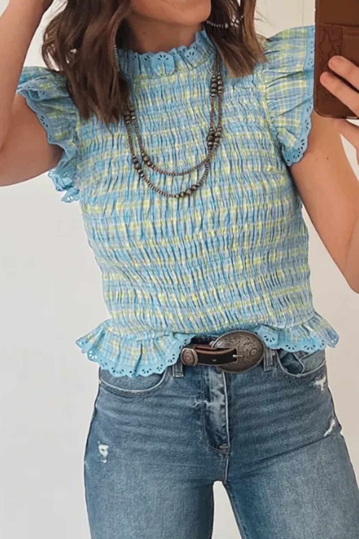 Multicolour Gingham Smoked Lace Trim Tank Top Online Only