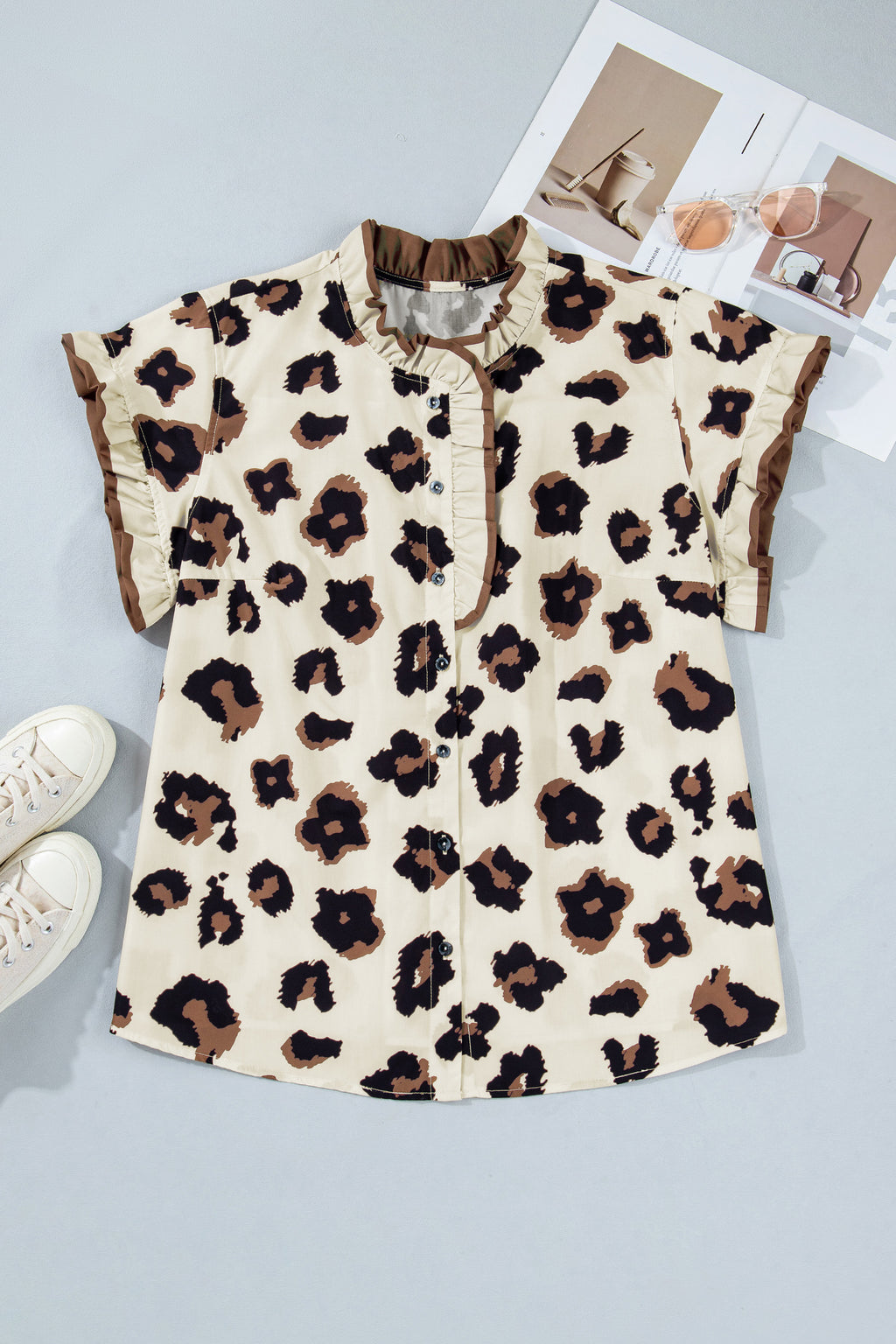 Khaki Plus Size Leopard Print Frilled Color Block Trim Button Down Short Sleeve Blouse Online Only