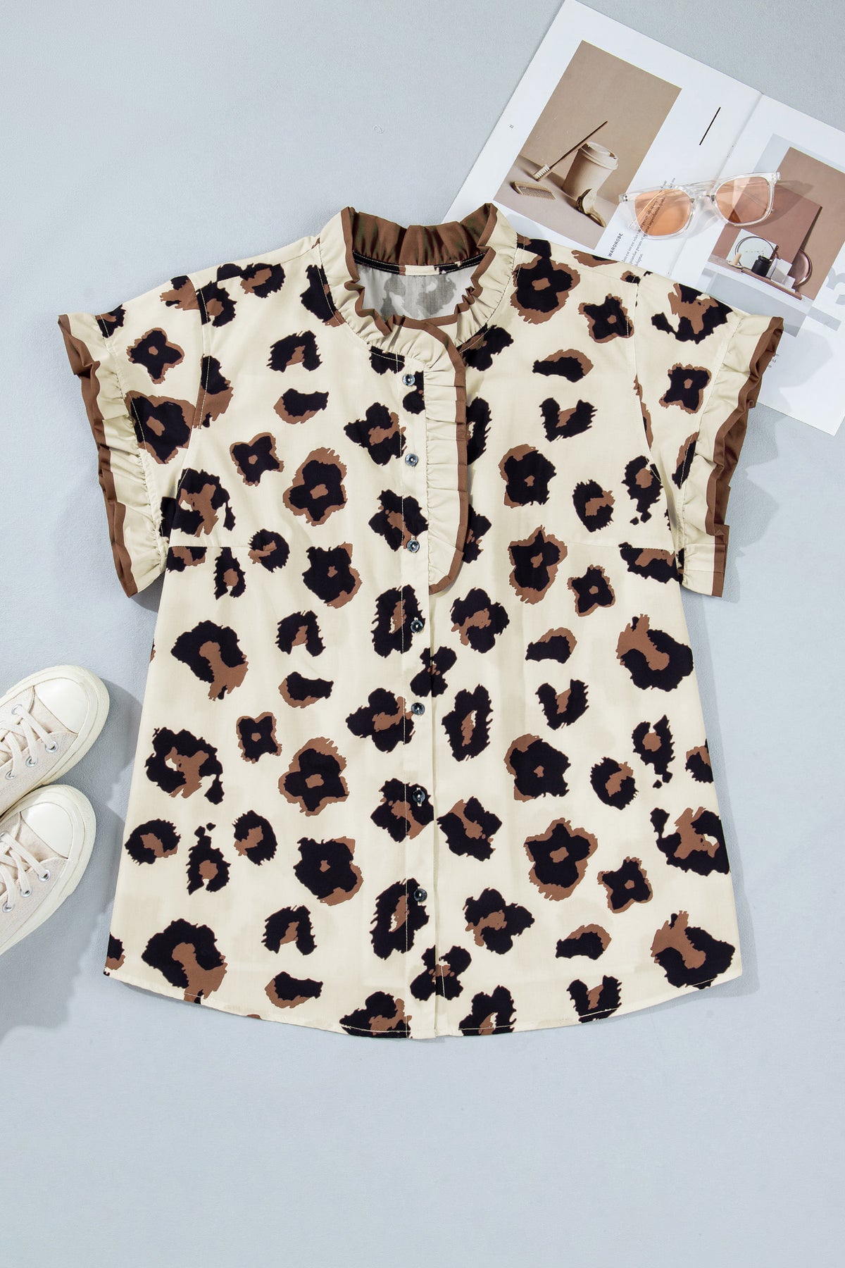 Khaki Plus Size Leopard Print Frilled Color Block Trim Button Down Short Sleeve Blouse Online Only