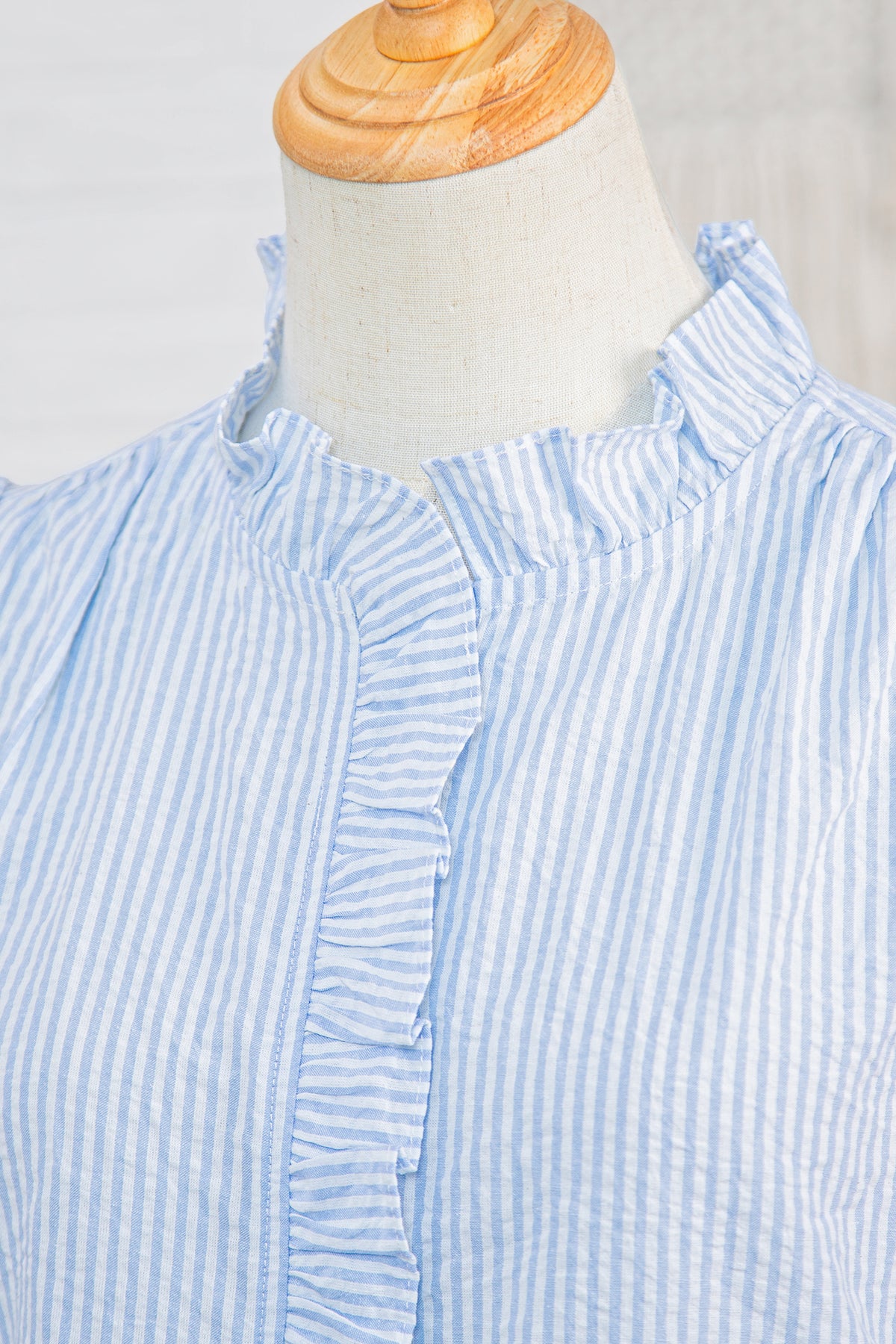 Sky Blue Stripe Floral Embroidered Puff Sleeve Ruffle Trim Shirt Online Only