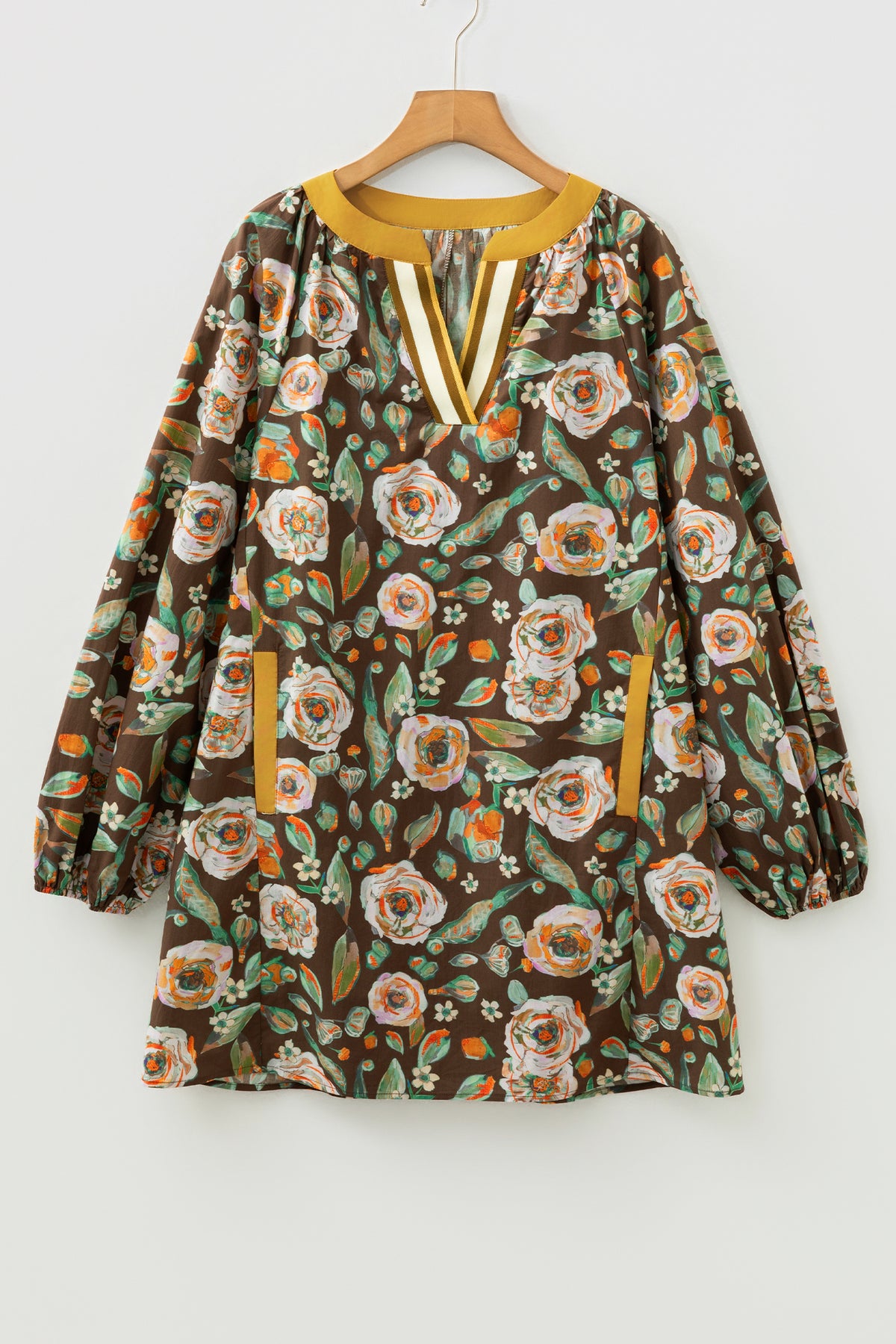 Brown Floral Print Contrast Trim V Neck Pocketed Long Sleeve Mini Dress Online Only